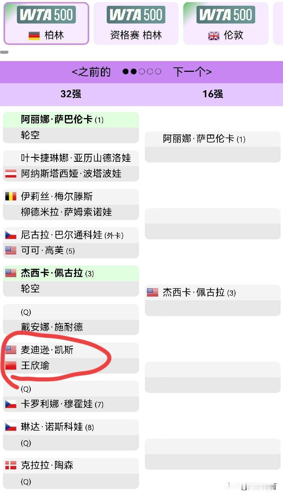 王欣瑜递补进入WTA500柏林站正赛因有球员退赛，王欣瑜得以递补直接进入柏林