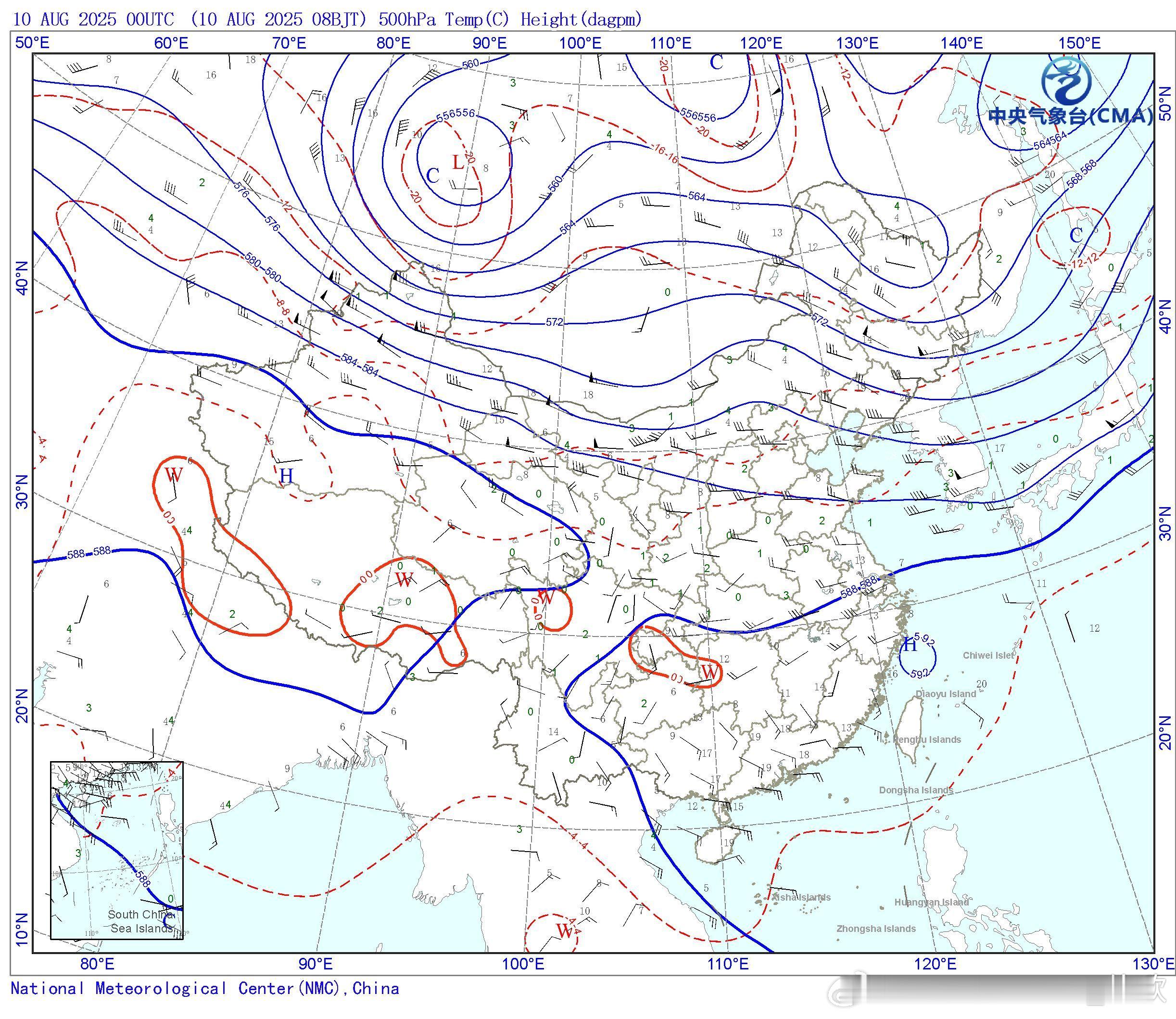 【高温】从今天实测的形势场看，副热带高压的588线，控制了长江以南大部地区，59