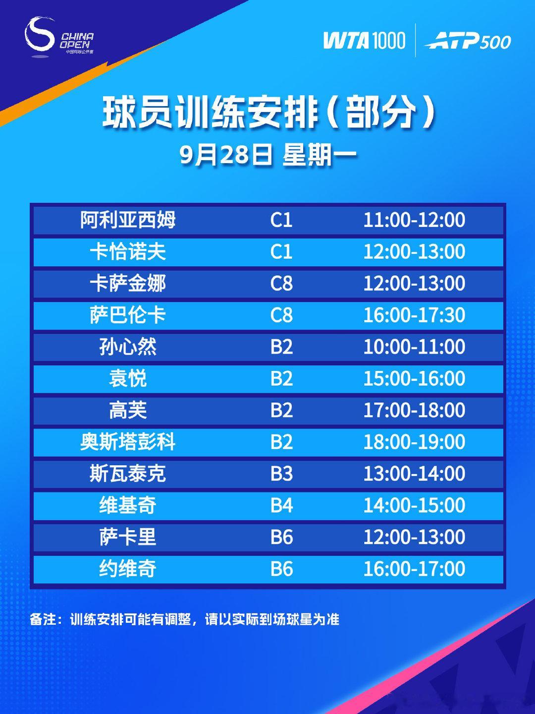 萨巴伦卡！！！来了？！？今日中网2026训练表，Aryna的训练课是公开时间的，而且是C场，更方便球