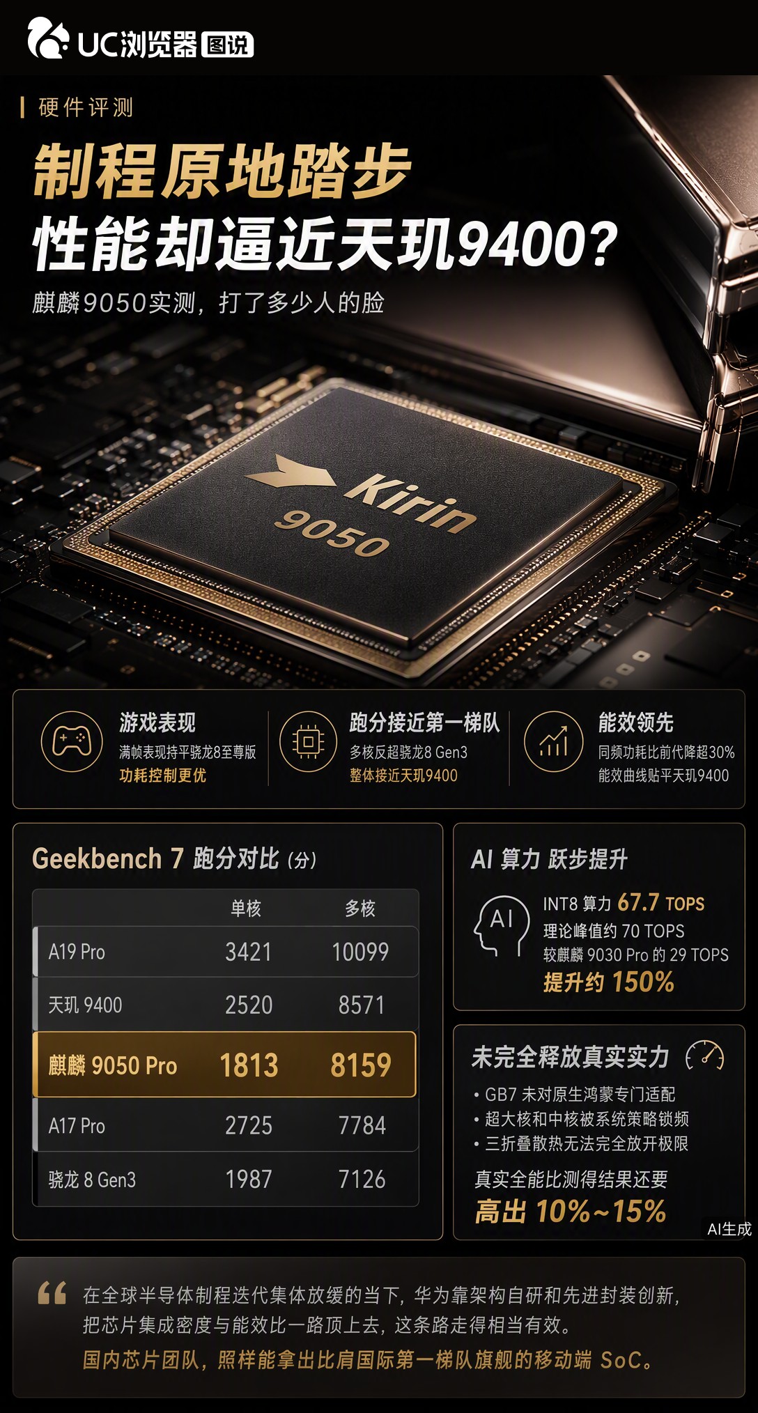 制程没换代，麒麟9050实测却逼近天玑9400？极客湾数据显示游戏功耗更优、AI算力翻倍。但这还不是