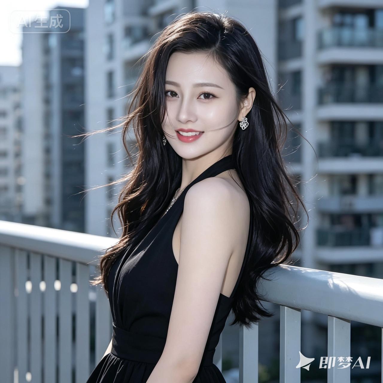 这位美女在阳台上微笑。