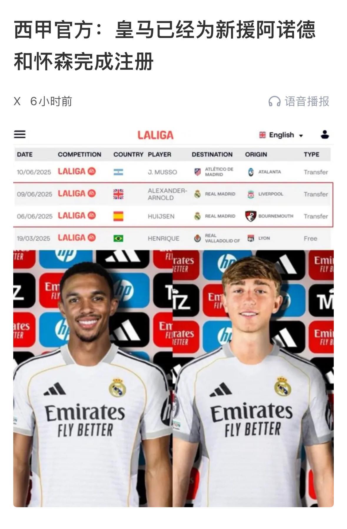 阿诺德：12号怀森：24号阿诺德无法选择在皇马身披66号球衣，这是他在利物浦