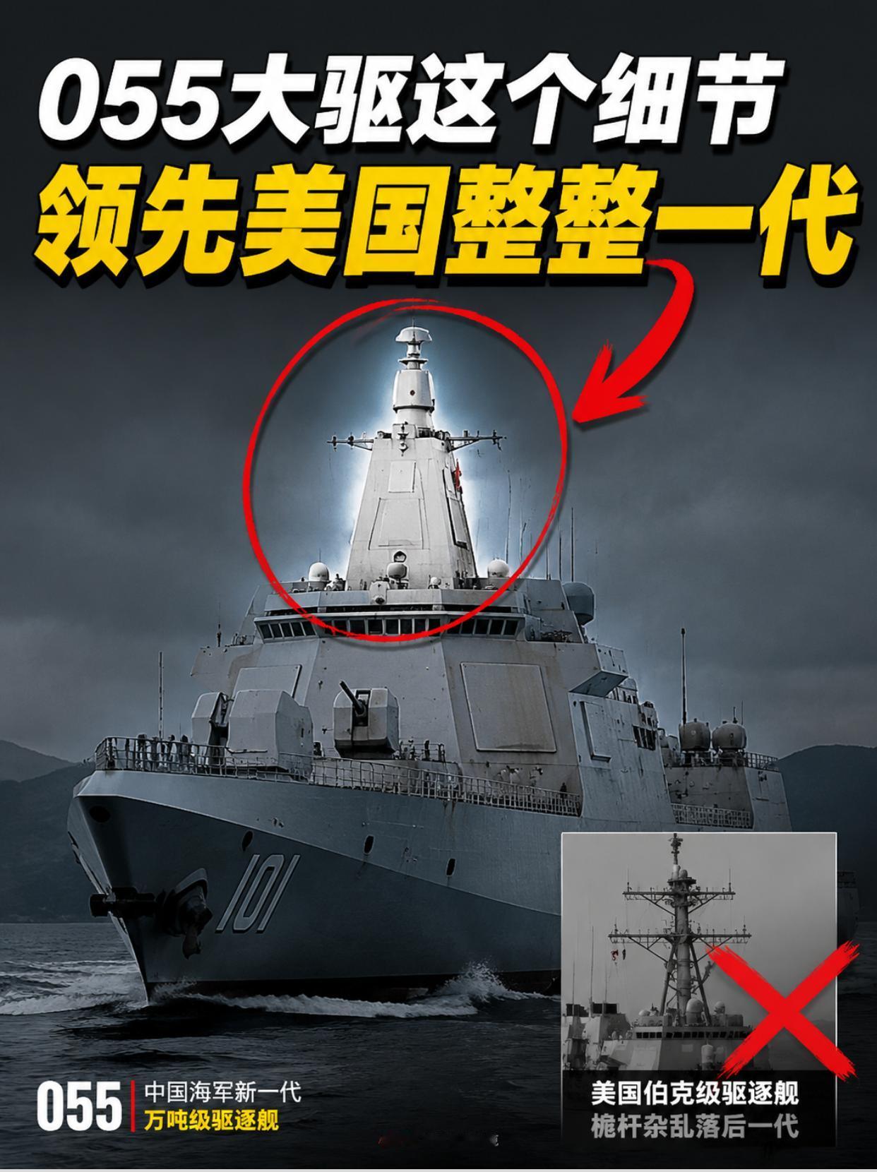 中国055一根桅杆，顶伯克级满身天线？别人还在给天线接电话线，055已经连上全