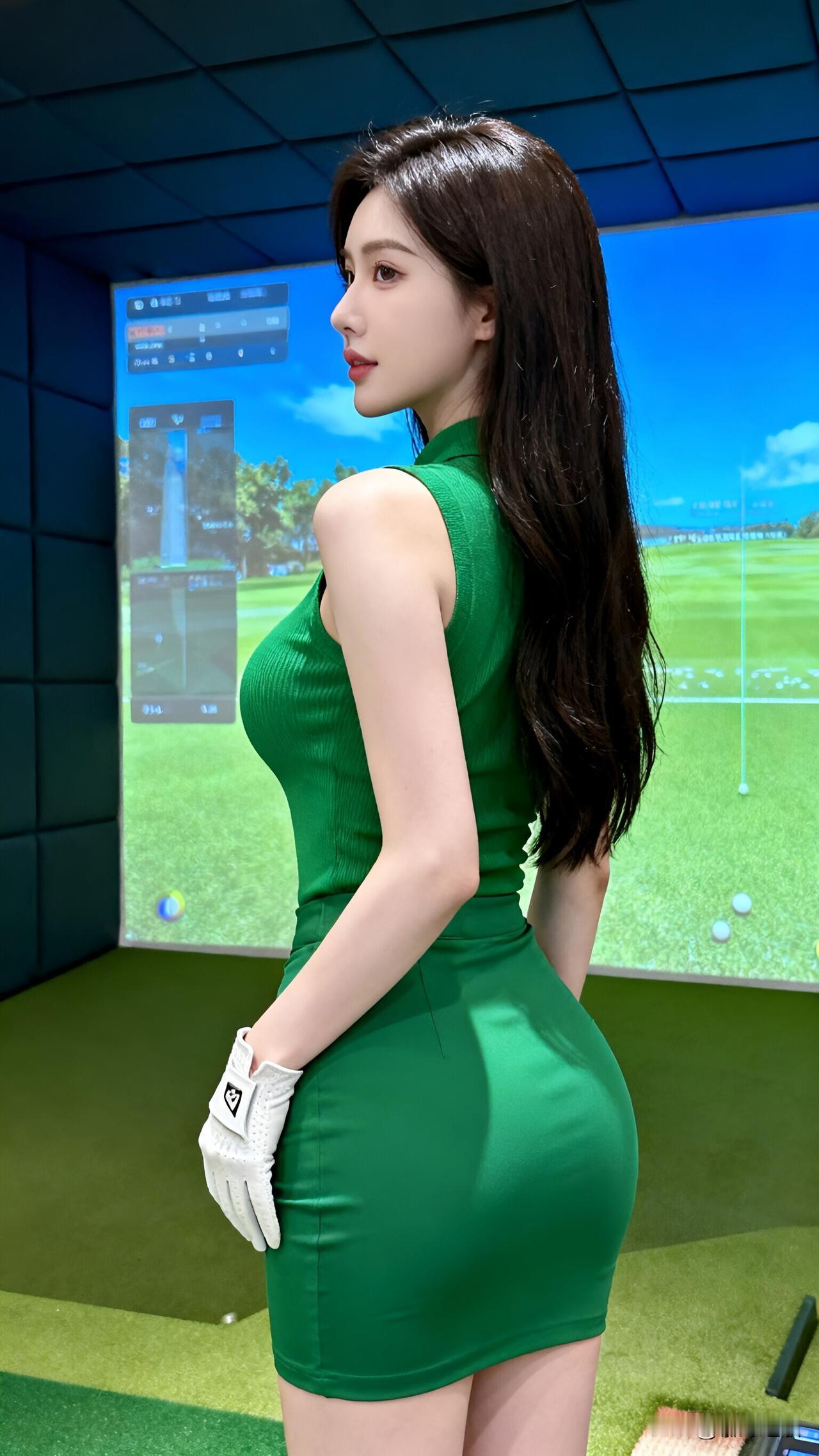 今天陪老公去打高尔夫，穿这身绿裙子还真有点“装”～本来以为能挥杆像模像样，结果
