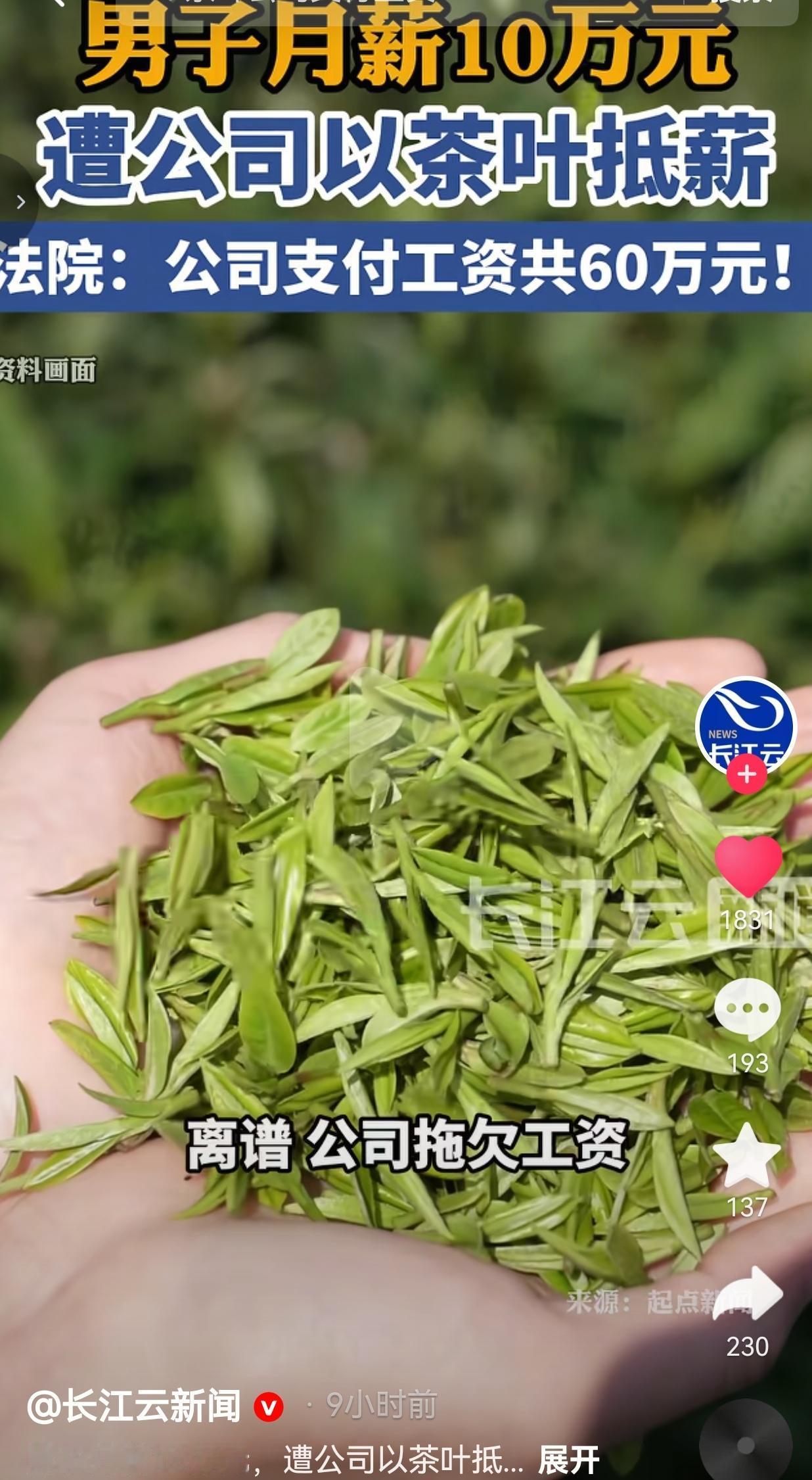 月薪10万被欠薪，公司竟用茶叶抵60万？法院判了：公司支付工资共60万。我