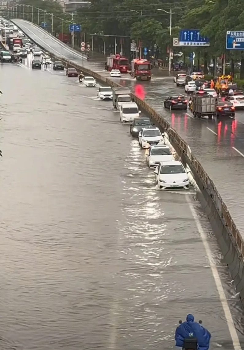 图中现场貌似是东莞的莞樟路寮步路段，因降雨影响导致一边车道被淹。在大家都比较谨慎