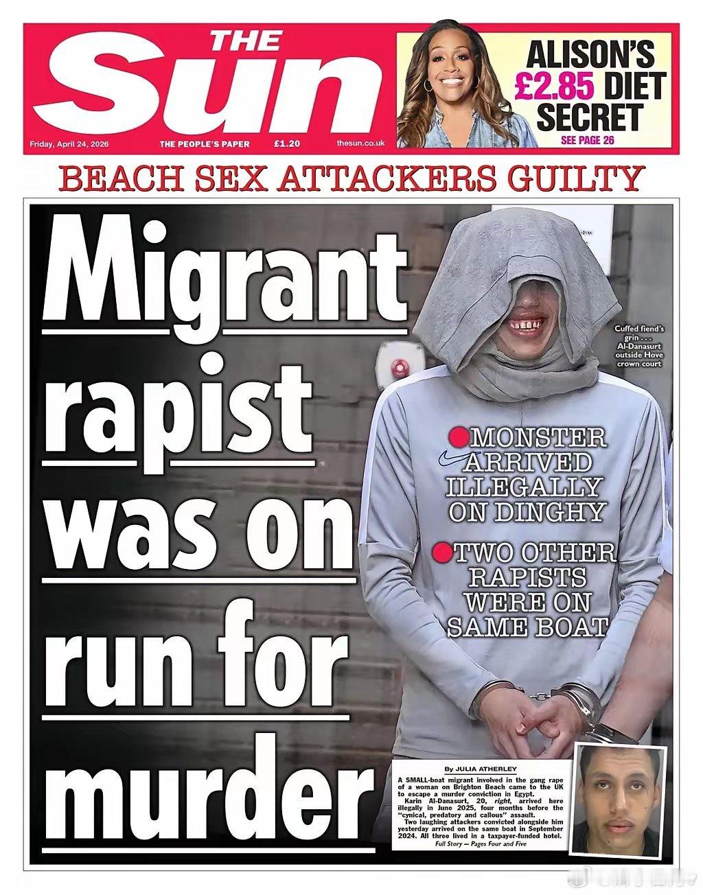 英国“纵容”非洲非法移民的代价……《太阳报》报道，一名在布莱顿海滩涉嫌强奸一名妇