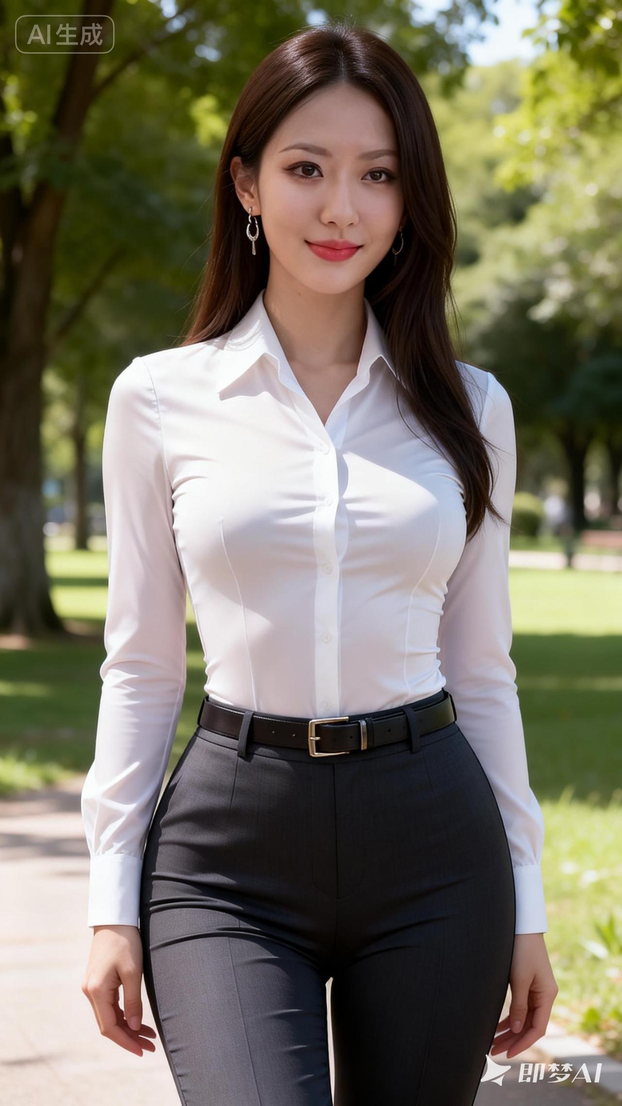 优雅职场风，白衬衫+黑裤，自信满满！