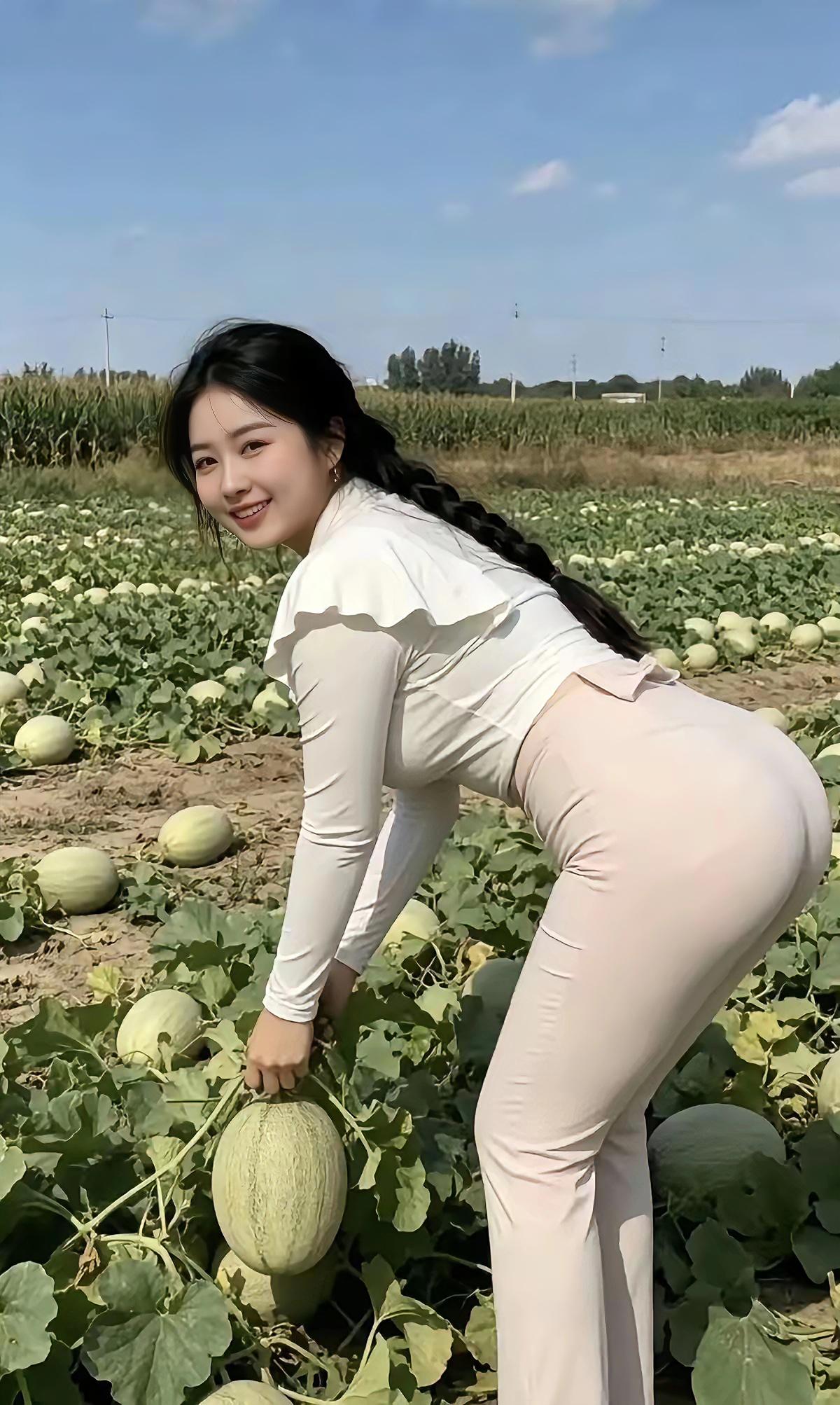 瓜田拾趣晴空朗照映田庄，满目甜瓜翠叶长。少女俯身摘硕果，笑颜璀璨满田芳。