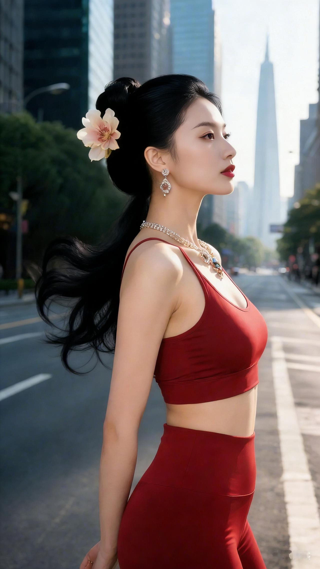 《红裙栖城风》风剪过摩天楼的棱角，裹着街旁香樟的余韵，轻拂她发间那朵柔粉的