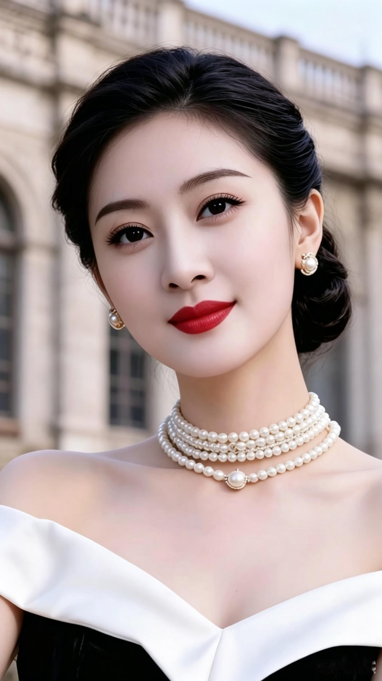 佳人容貌甚堪怜，明眸皓齿绽娇妍。珍珠绕颈增华贵，优雅风姿映眼帘。古典韵致难藏
