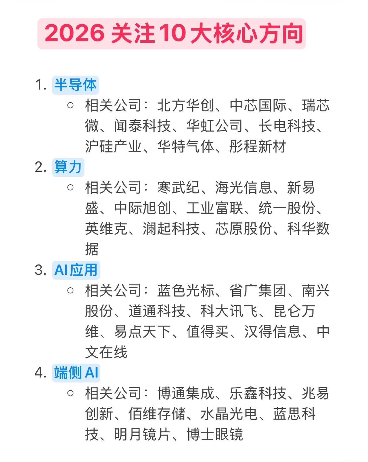 2026年值得关注的10大核心方向及相关公司如下：1.半导体：涉及北方华创