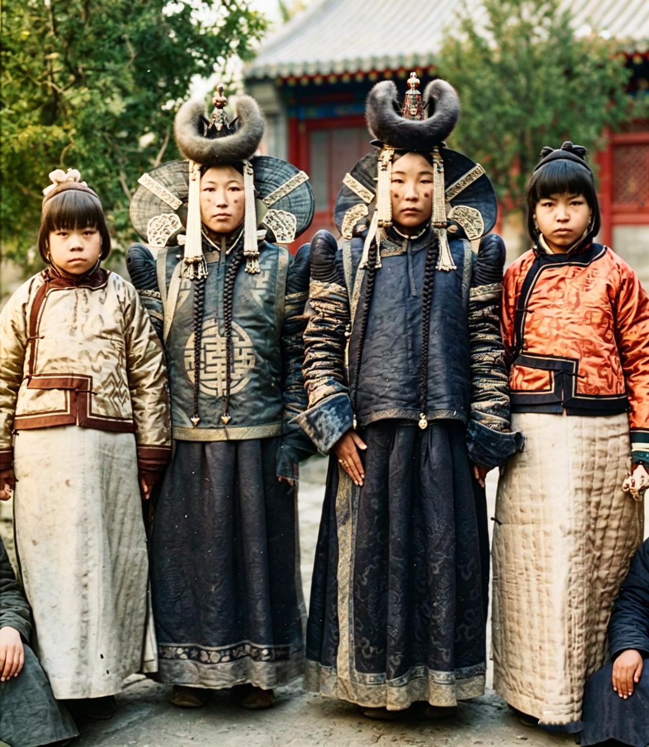 这是晚清两名蒙古贵族姑娘与两名满族贵族姑娘。两名蒙古贵族姑娘身穿蒙古贵族典礼服饰