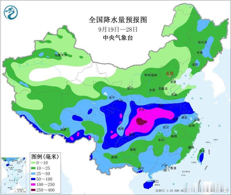 未来10天累计降雨量预报图，包含了中秋假期，总体来看降雨集中在中部，以华西地区为主要降雨区​