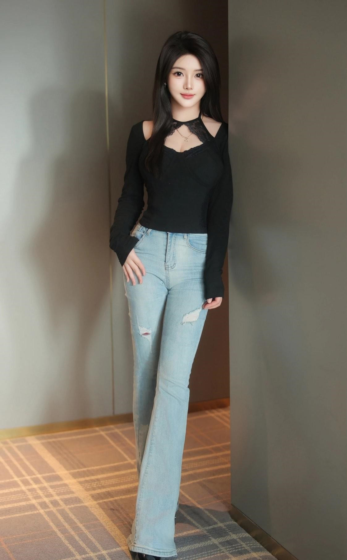 美女模特爱酱里，牛仔裤就得这么穿