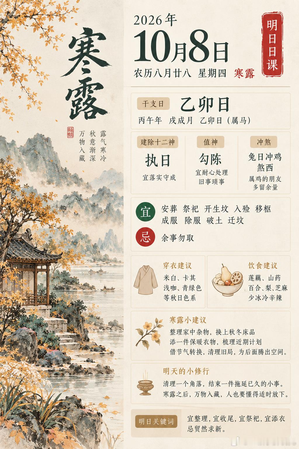 明日日课｜10月8日·乙卯日明日是农历八月廿八，丙午年、戊戌月、乙卯日，也是寒露。寒露是秋季第五个节