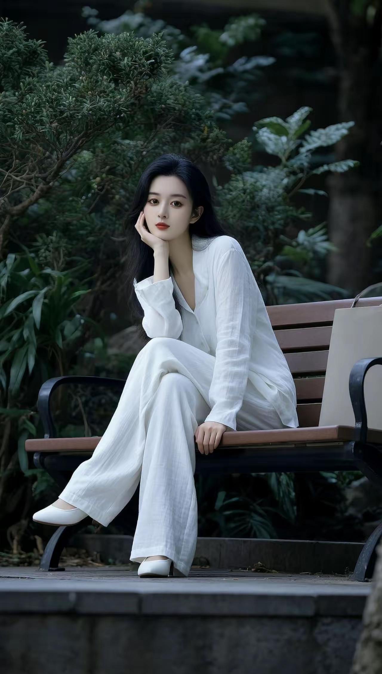 清冷系女生。一身白装，透着干练和清爽。略显忧郁的眼眸，独有的疏离感，让我们只