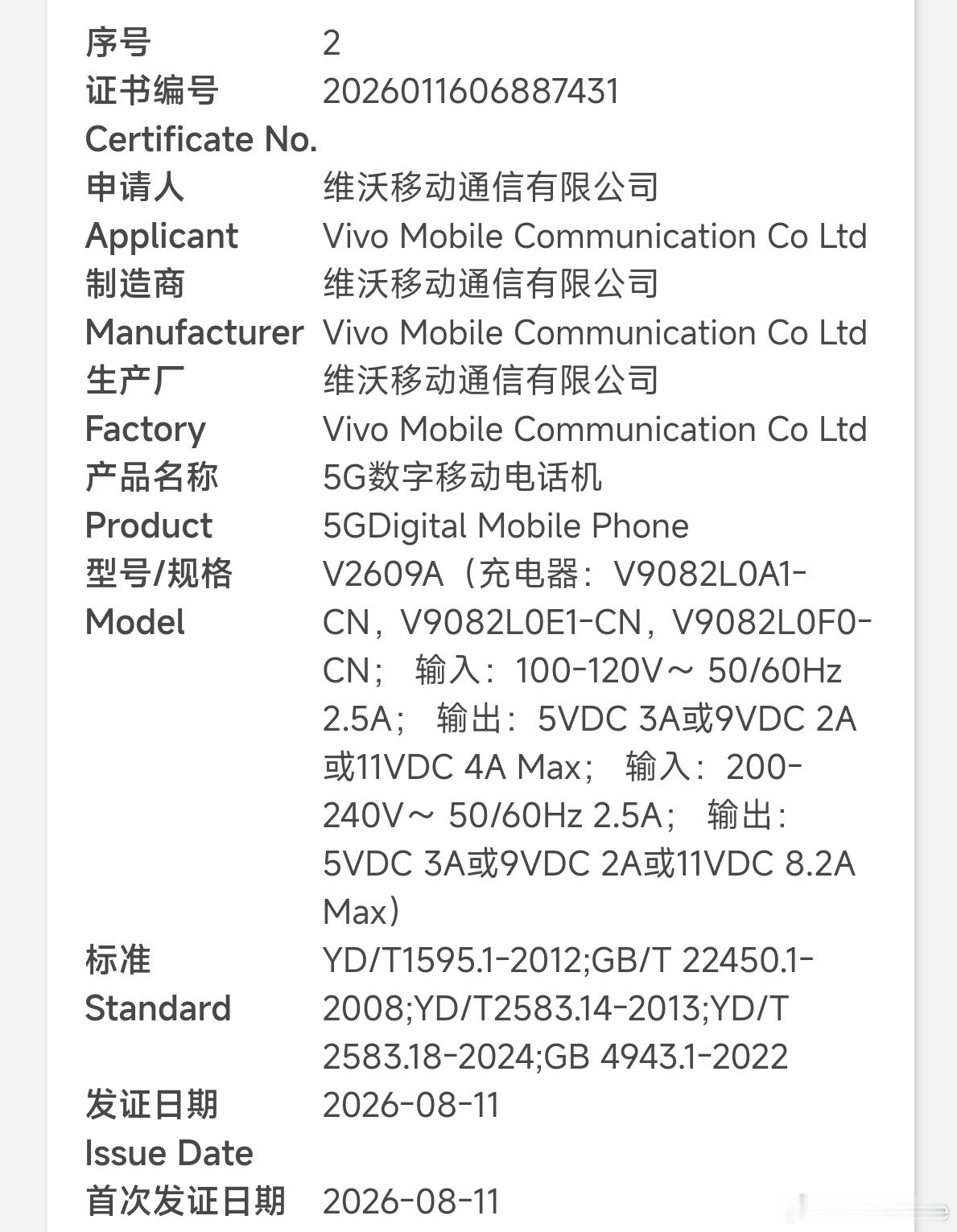 vivoX500ProMax通过认证(V2602DA)，90W快充，支持北