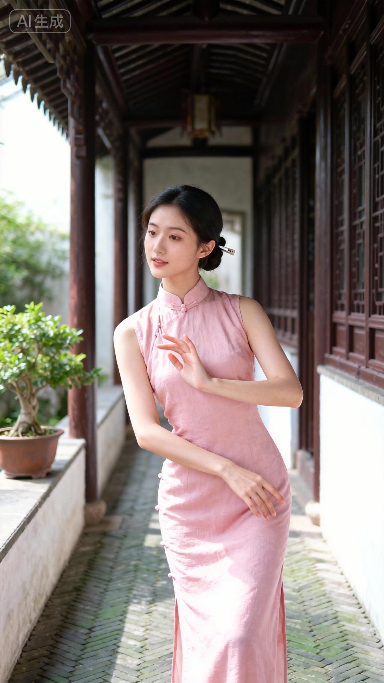 粉色的旗袍，优雅的东方韵味，古典与现代的完美结合。颜色鲜艳的旗袍温柔风国风旗袍