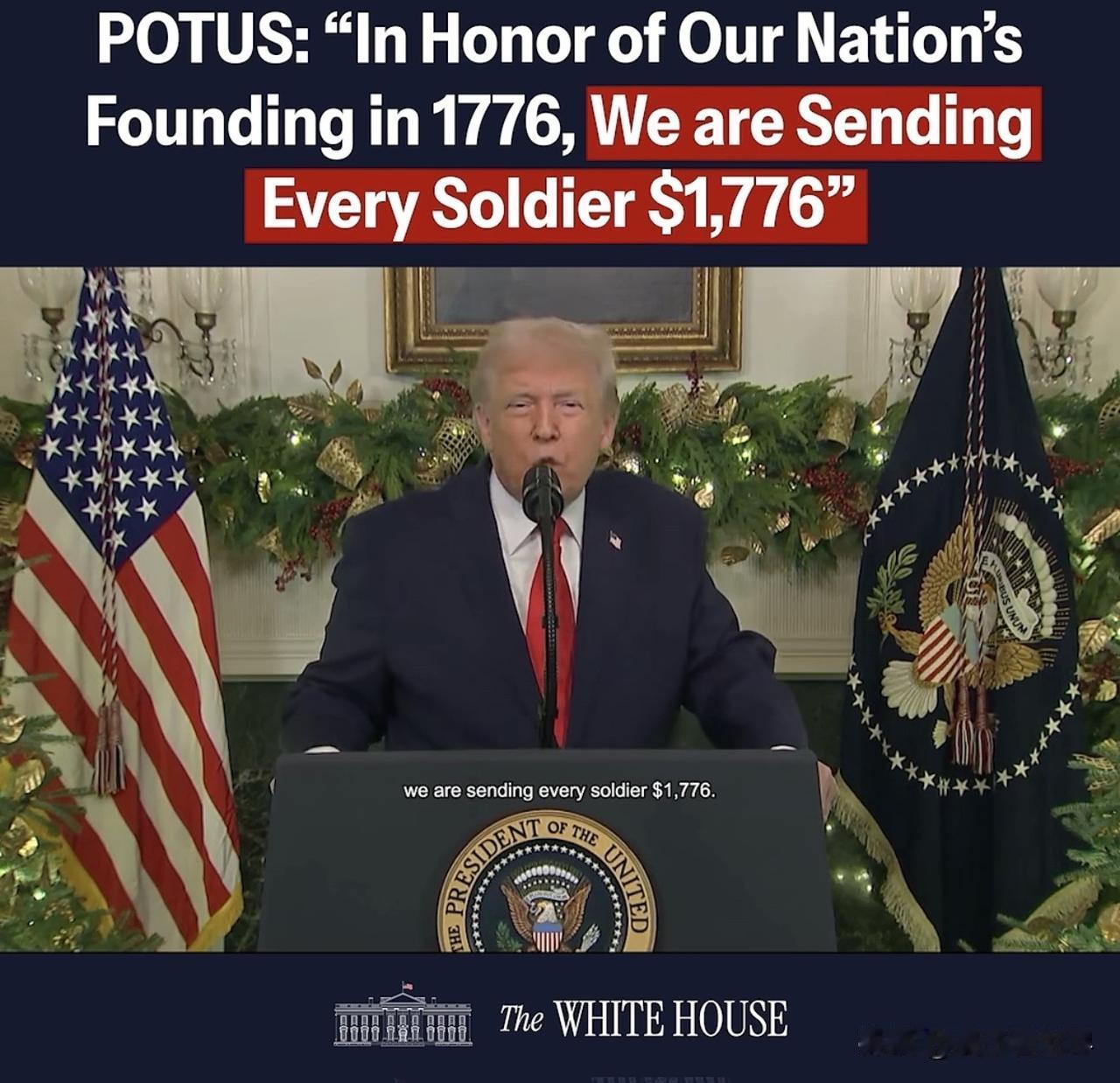 川普在最新的白宮演講中說，「聖誕節前有1,450,000名現役軍人，將獲得我們稱