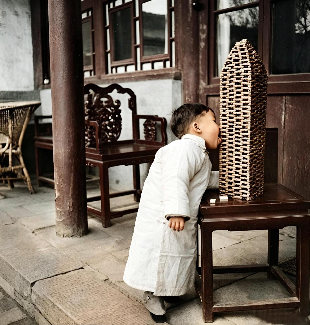 这是1932年北京春节期间一位富家公子哥吃家长摆在矮几上的蜜供。这个蜜供不仅造型
