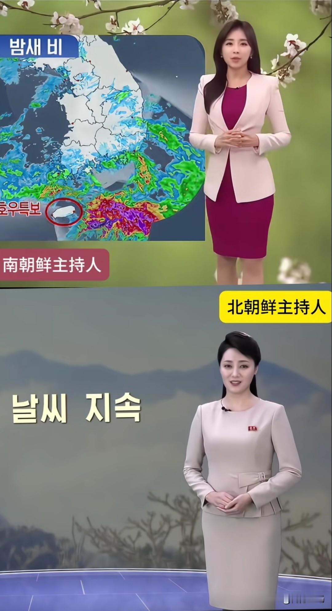 朝鲜VS韩国，天气预报主持人的装扮对比，哪一个更好看呢？朝鲜天气预报主持人通常