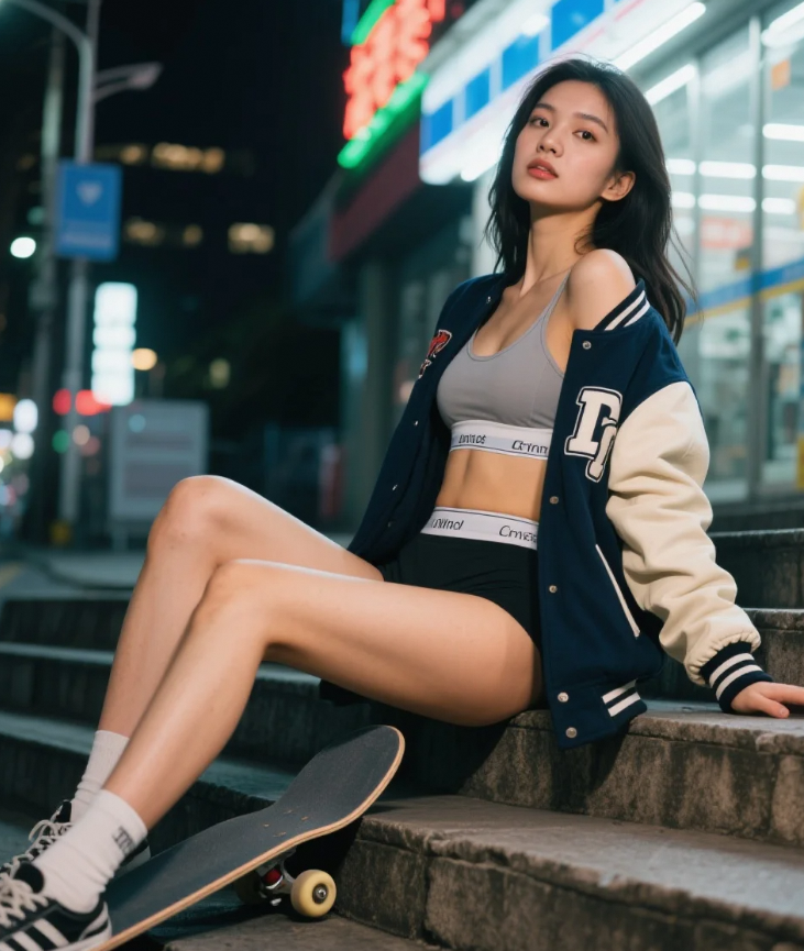 便利店霓虹映脸庞，棒球夹克美女的午夜漫游