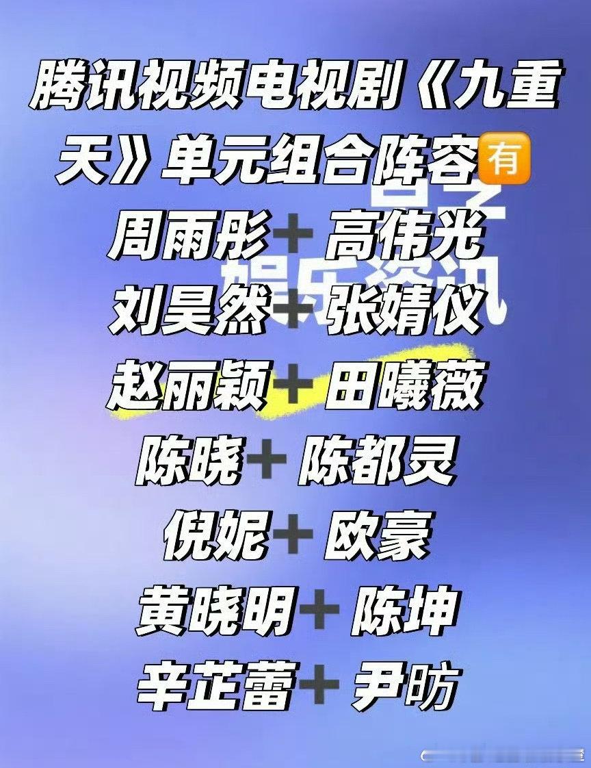 九重天腾讯电视剧《九重天》11月开机九个单元导演/编剧：徐兵（欢颜），阵容