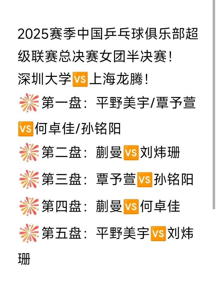 蒯曼一单出战！何卓佳女双、单打出战！2025年乒超联赛总决赛女团半决赛，深圳