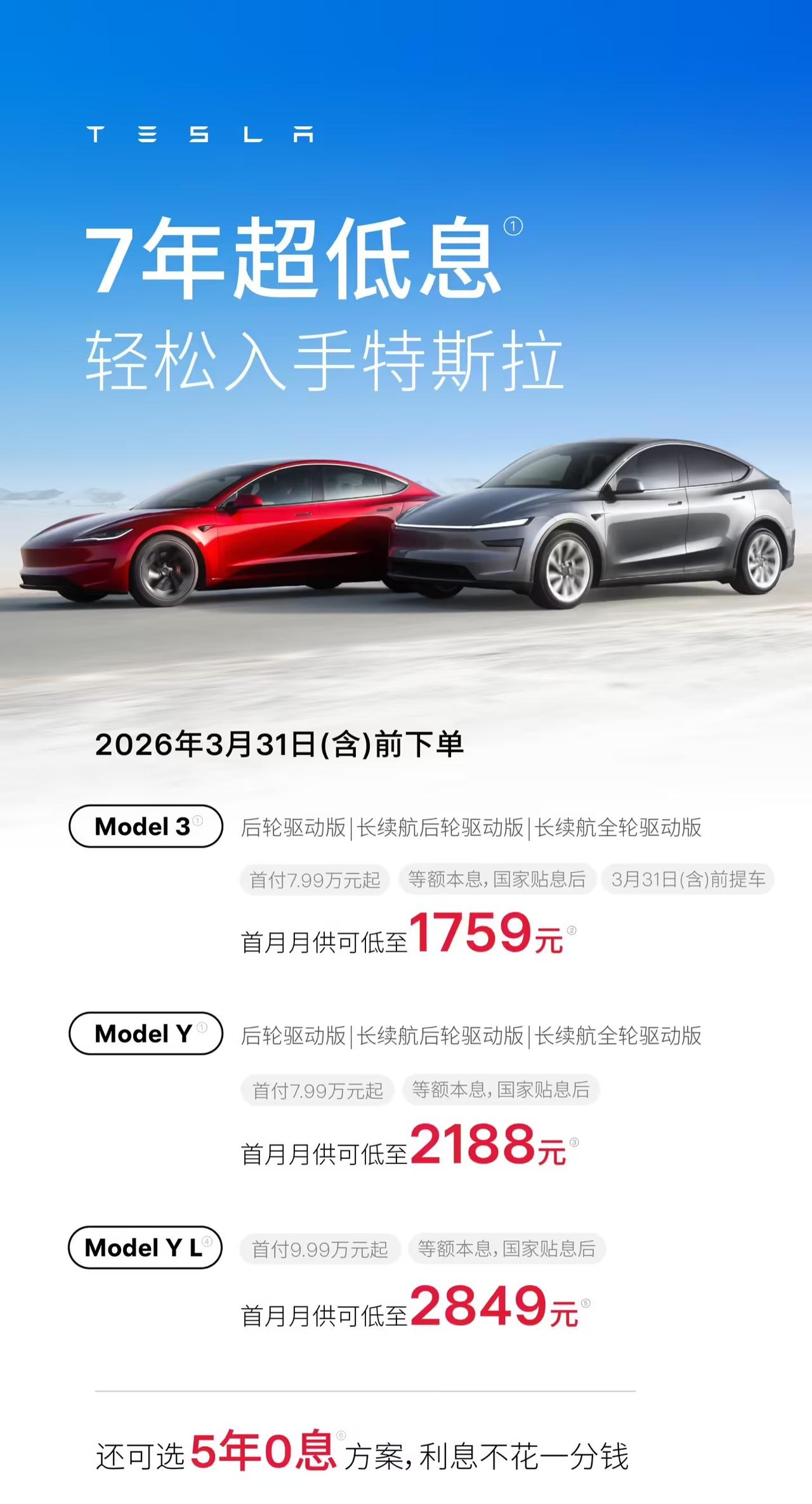特斯拉又双叒来促销了[狗头]7年分期、5年0息、首付7.99万起......