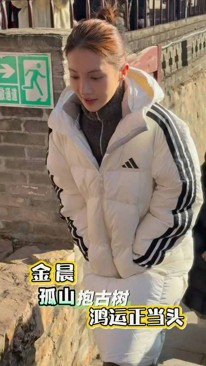 网友大孤山偶遇金晨网友大孤山偶遇金晨，她穿著白色的长款羽绒服，扎着丸子头看起来