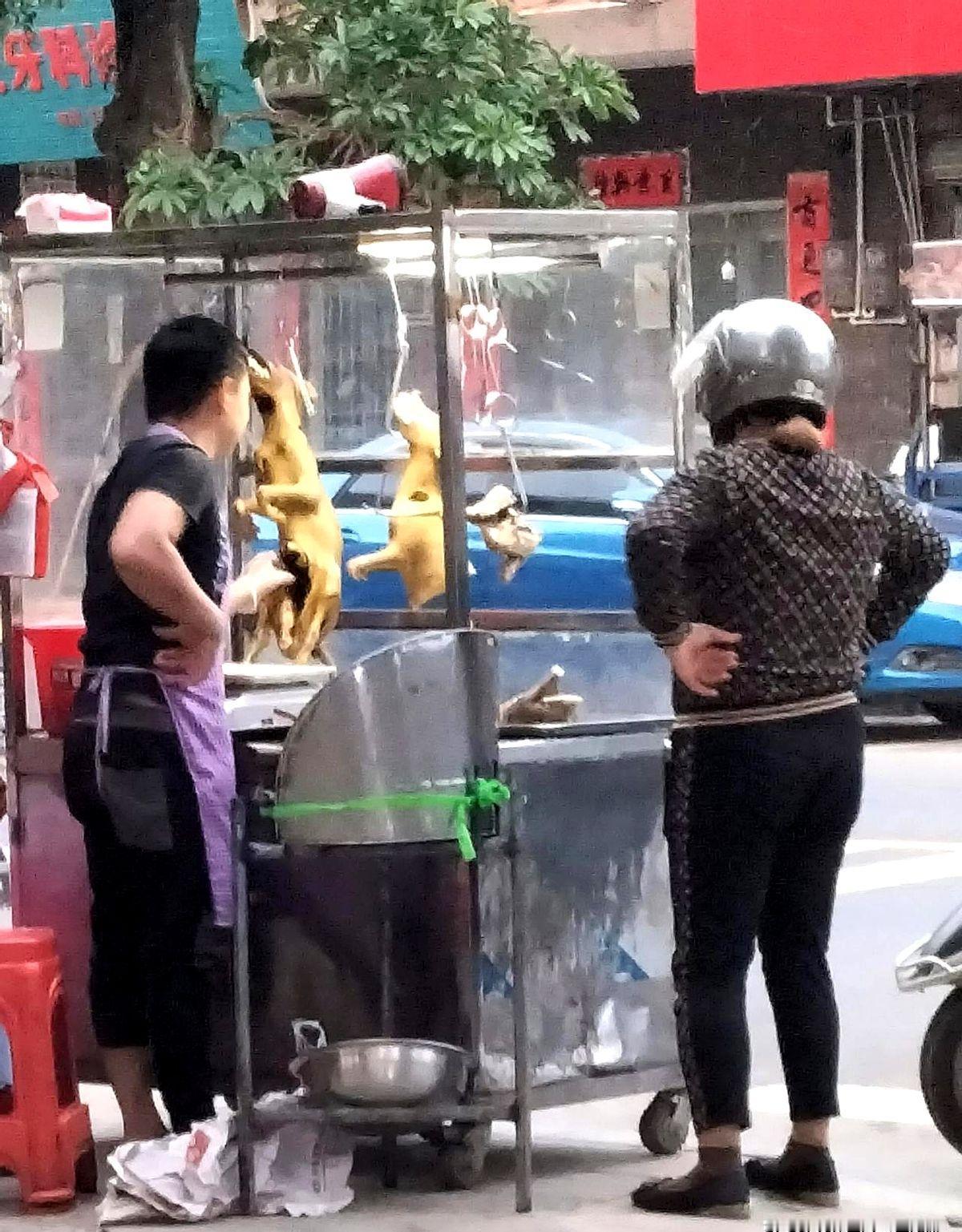 下午五点上街买菜，见街边有两家狗肉摊卖白斩狗。第一家售价55元一斤，第二家35