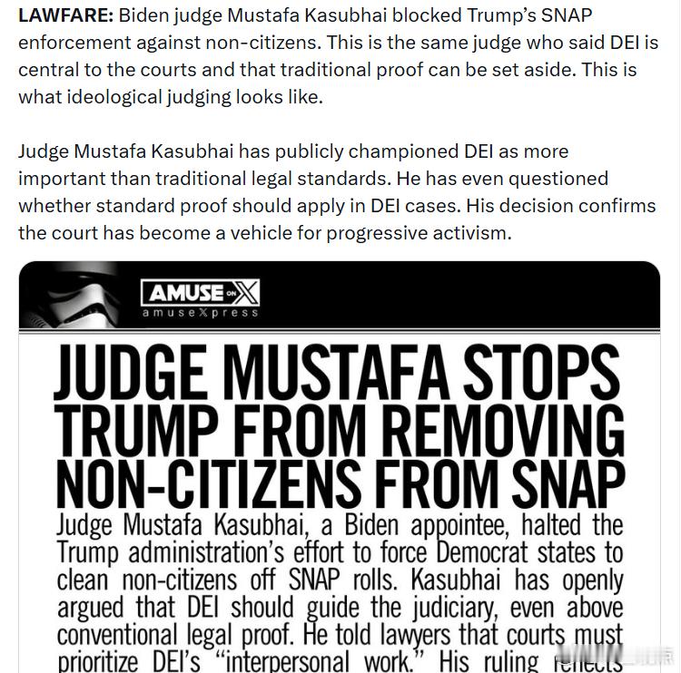 拜灯任命的法官穆斯塔法·卡苏布海阻止了特朗普政府针对非公民执行SNAP(补充营养