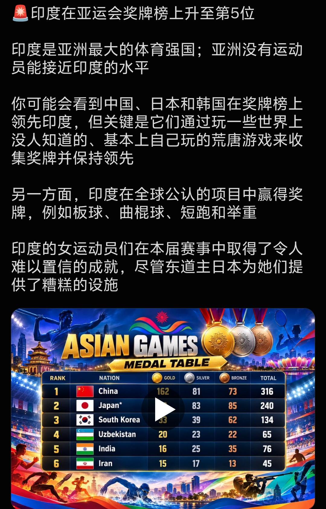 印度在本届亚运会的表现怎么样？看看印度网友的的评论：印度是亚洲最大的体育强国；亚