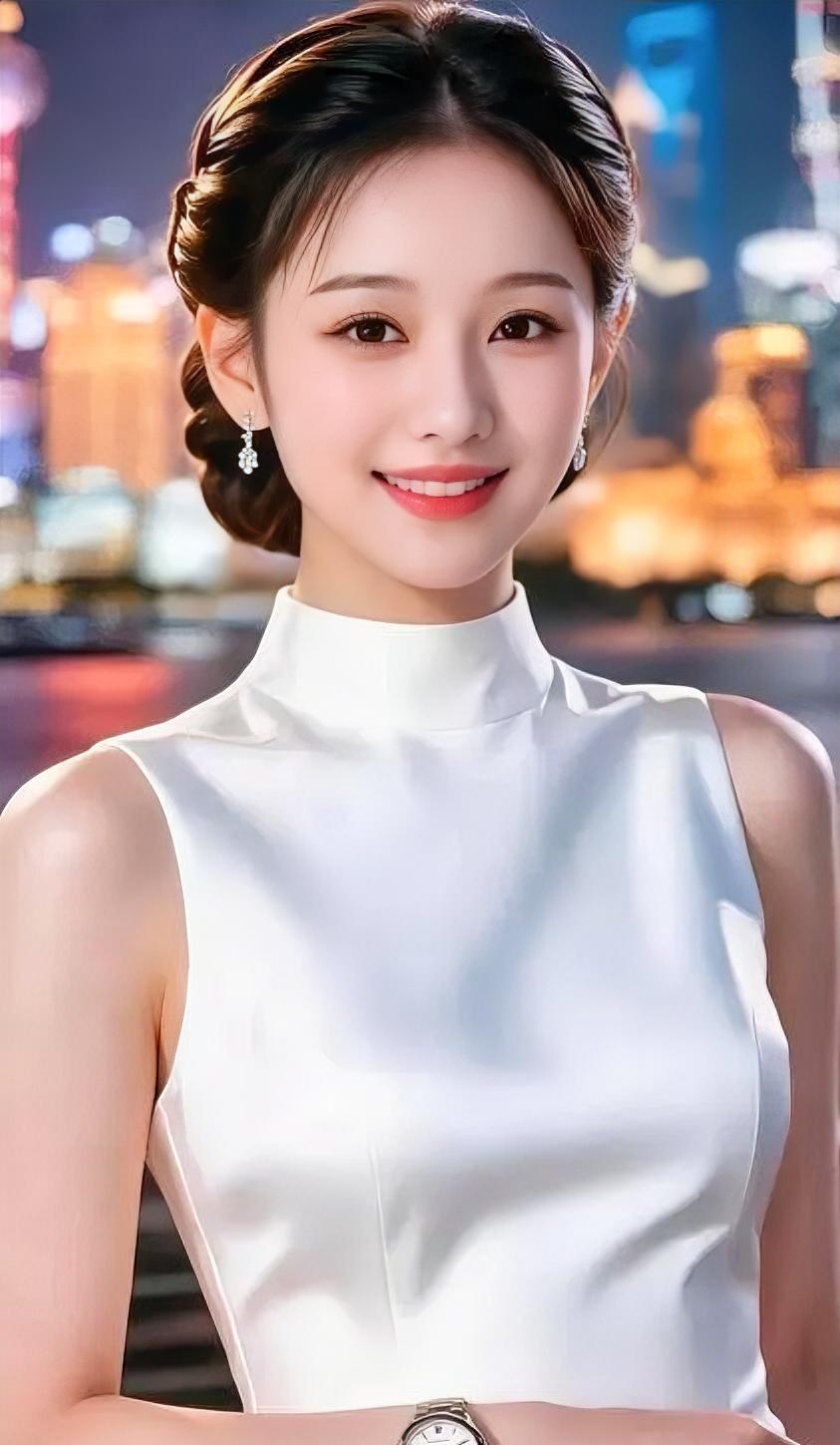 《江畔白月光》夜色晕染着城市的光，江风轻拂过无袖的白。高领勾勒静谧的