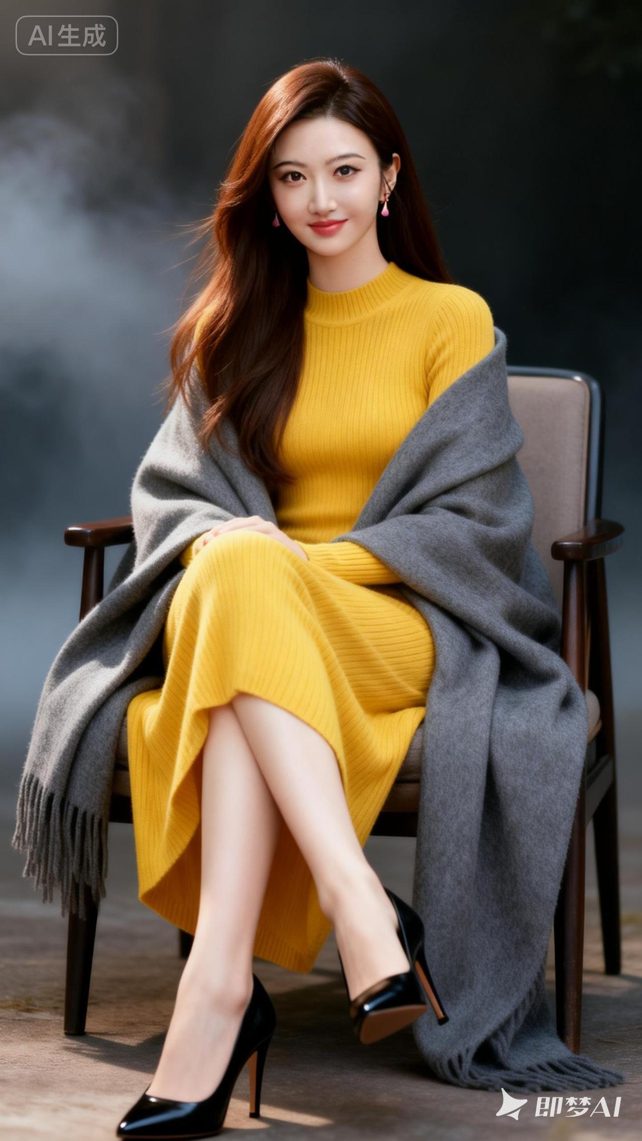 优雅气质穿搭指南，温暖黄色毛衣搭配灰色毛毯，尽显温柔魅力！🌟✨