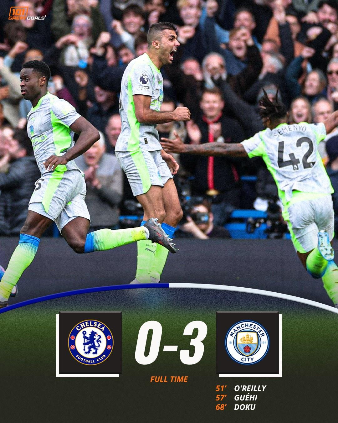 曼城客场3比0完胜切尔西，将和阿森纳的差距追到了6分。接下来还有一场两队之间的直