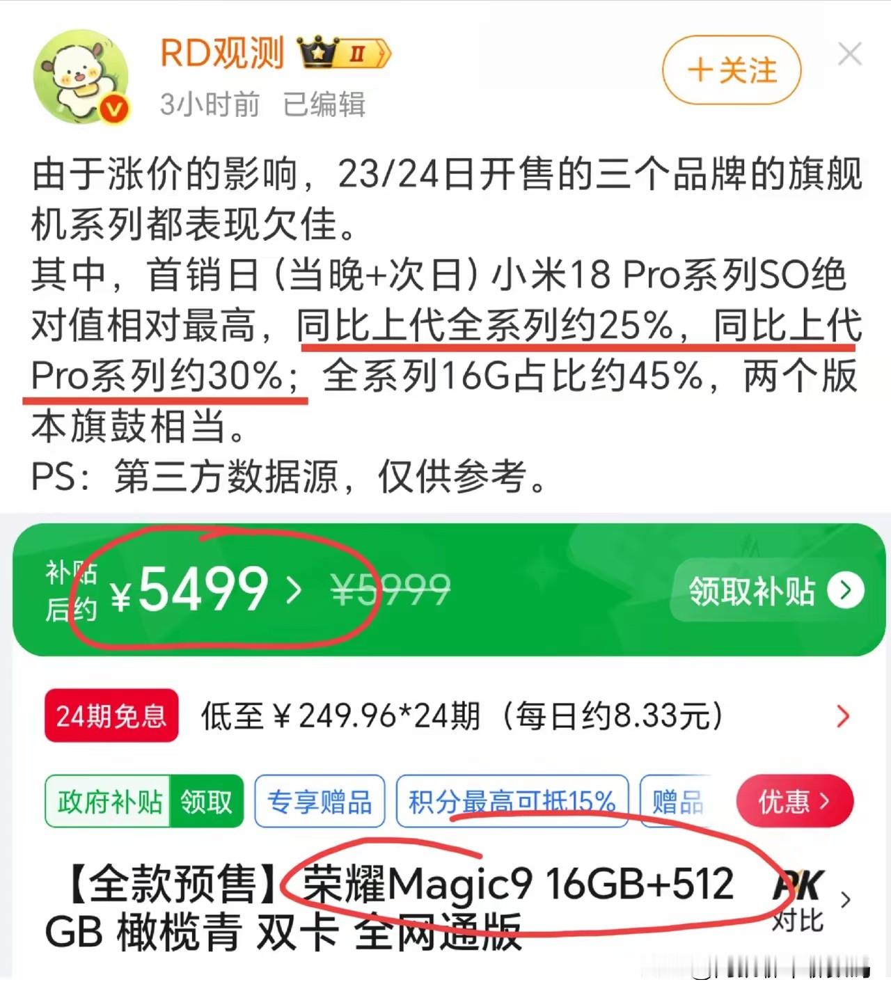 国产高端旗舰行情遇冷，小米、OV新旗舰定价上调后，市场反馈远不如预期。网传小米18首销热度大幅下滑，