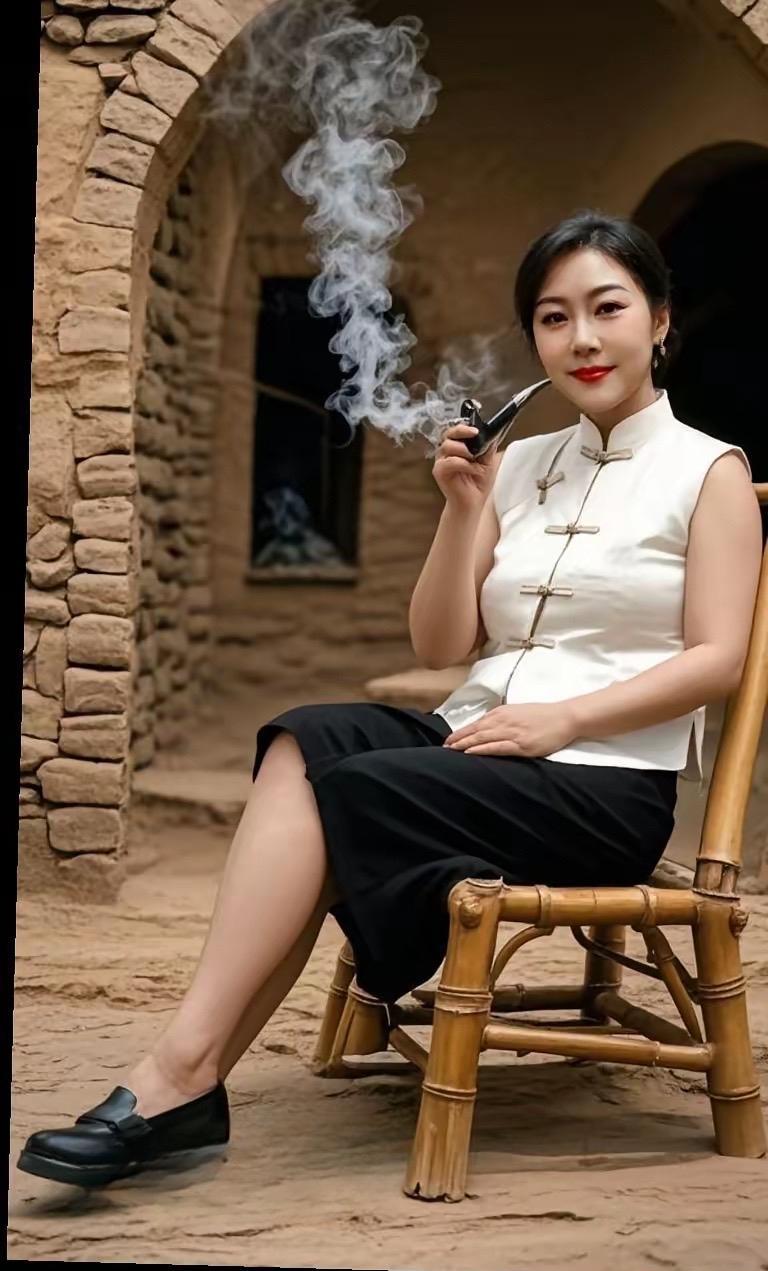 《女烟民》土坯墙、石拱门，时光在此刻慢下来。她身着素白无袖衫，端坐竹椅，烟斗轻