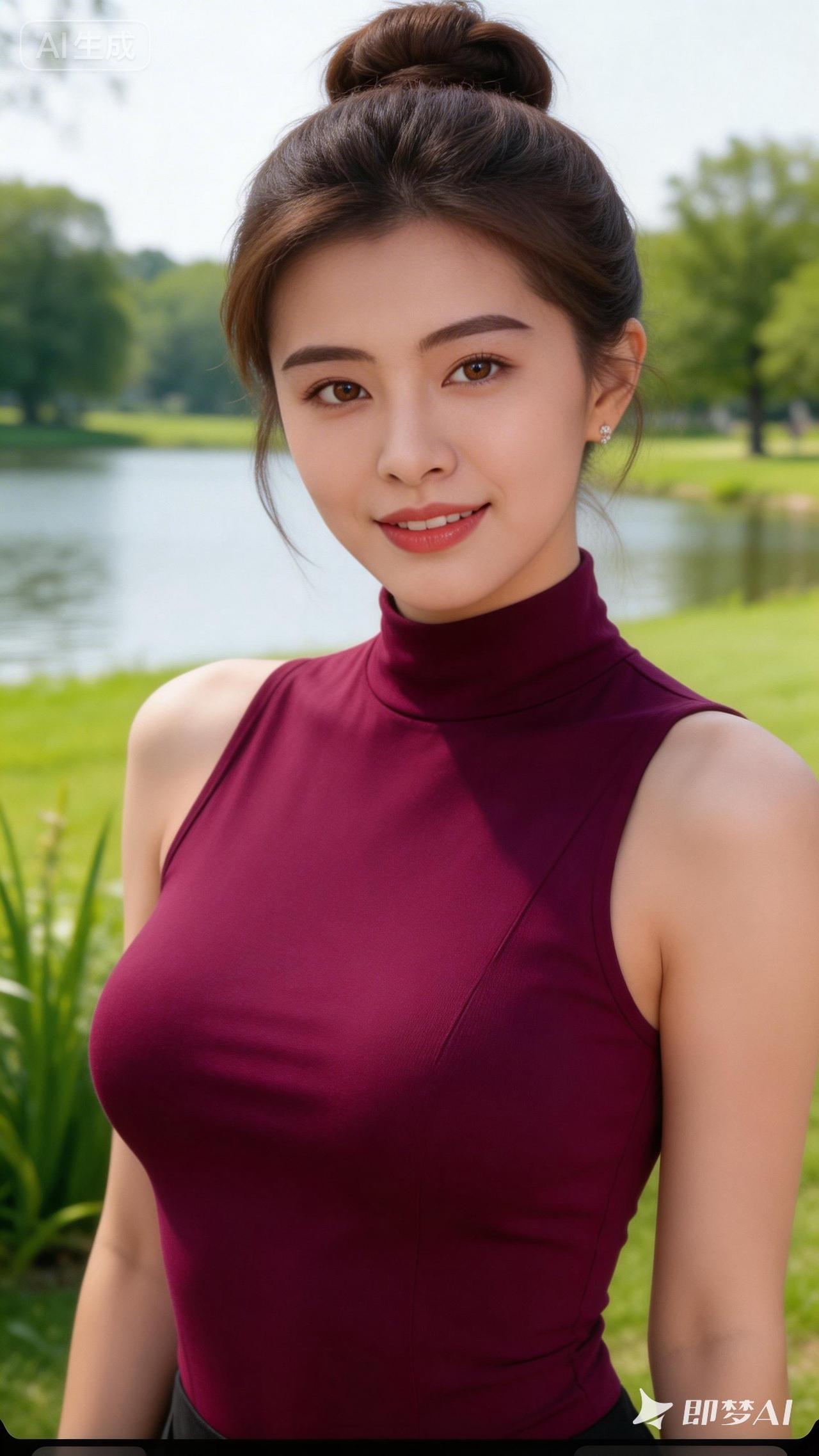 优雅气质，酒红色高领连衣裙，公园里的美丽瞬间