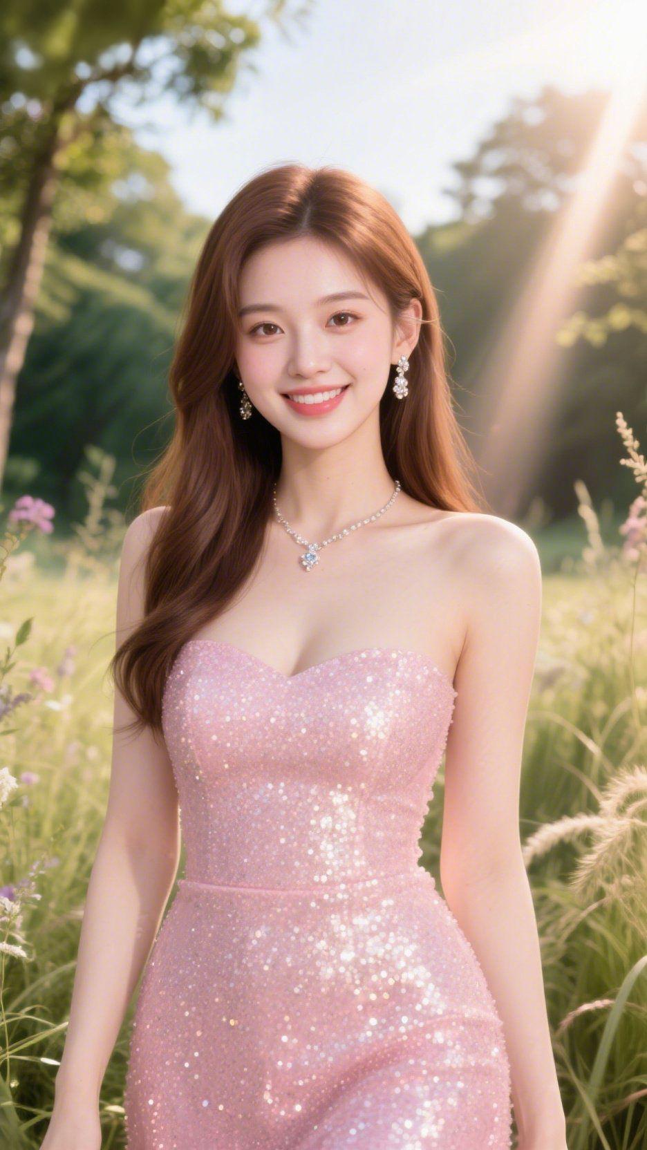 《粉裙伴晨辉》晨辉漫过草野的轻雾，她立在浅绿里，长发随柔风轻扬，那身粉裙像