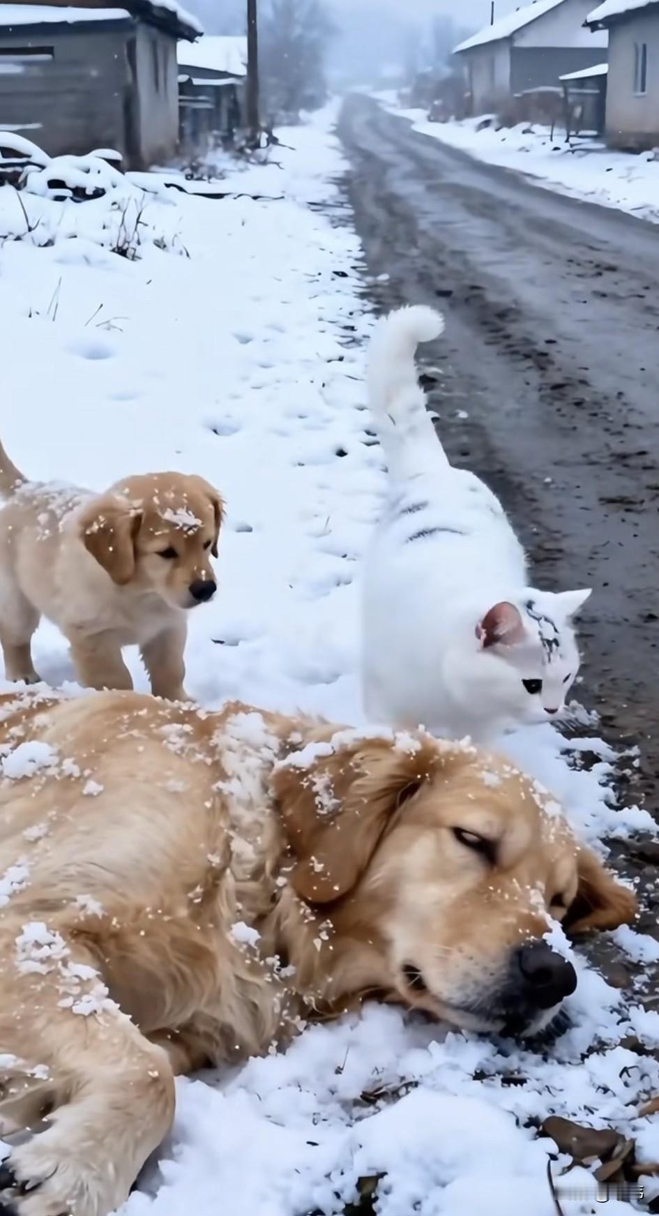 泪目了！一只流浪猫和一只狗妈妈还有它的孩子是好朋友，它们一起流浪，一起吃饭，可最