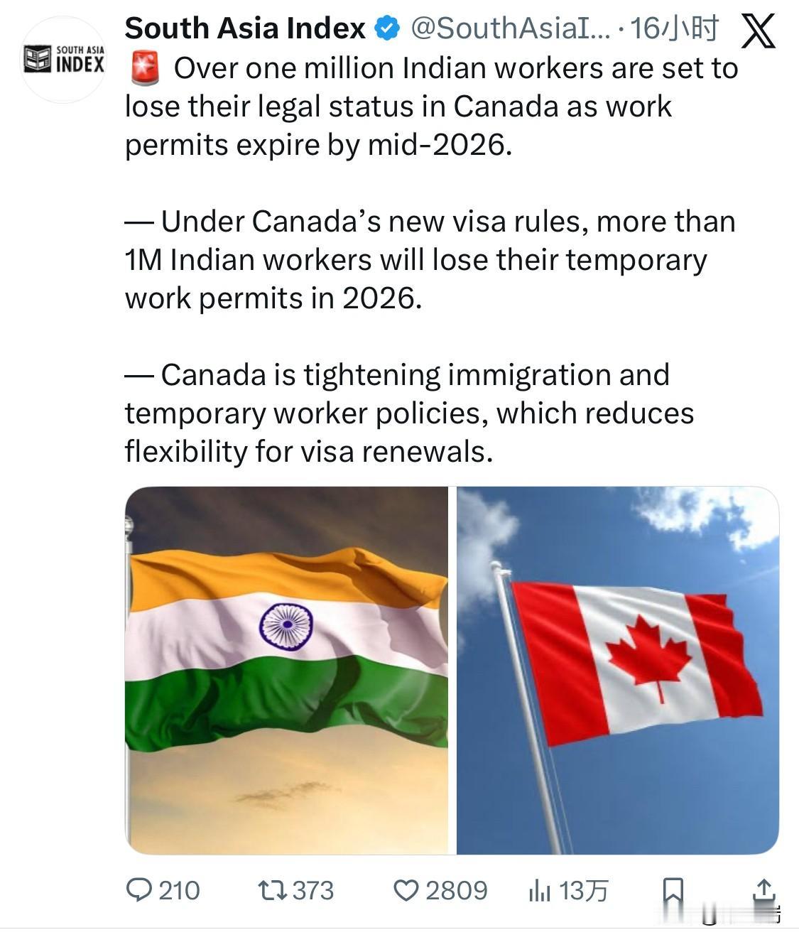 到2026年年中，超过一百万印度工人将失去在加拿大的合法身份，因为他们的工作