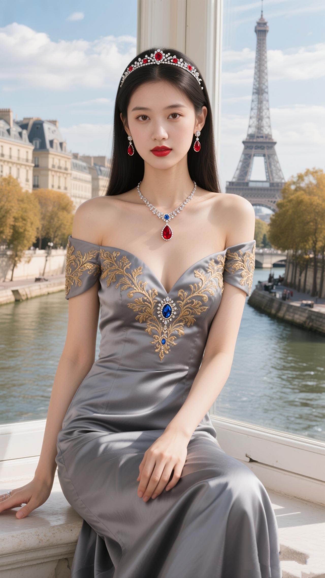 塞纳窗畔的鎏光裙当巴黎的风掠过塞纳河面，将埃菲尔铁塔的轮廓织进窗纱，她静倚