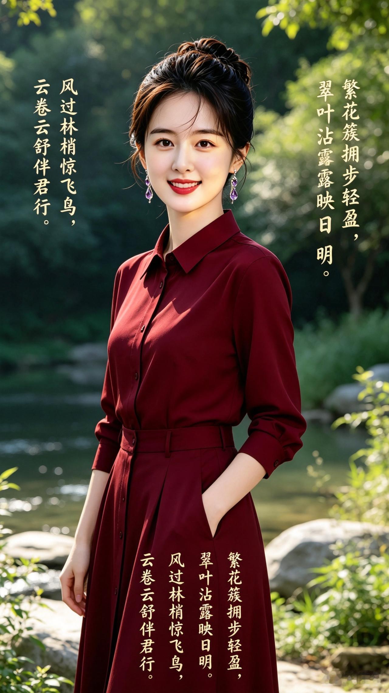 红衣少女于绿意盎然间悠然漫步，被繁花簇拥着，迈着轻盈的步伐，云卷云舒，一路相伴。