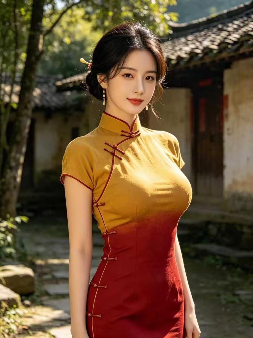 塞鸿秋·黄红旗袍金红晕染芳华韵，霜年悟透温柔份。晴光漫染青衣嫩，玉簪绾住