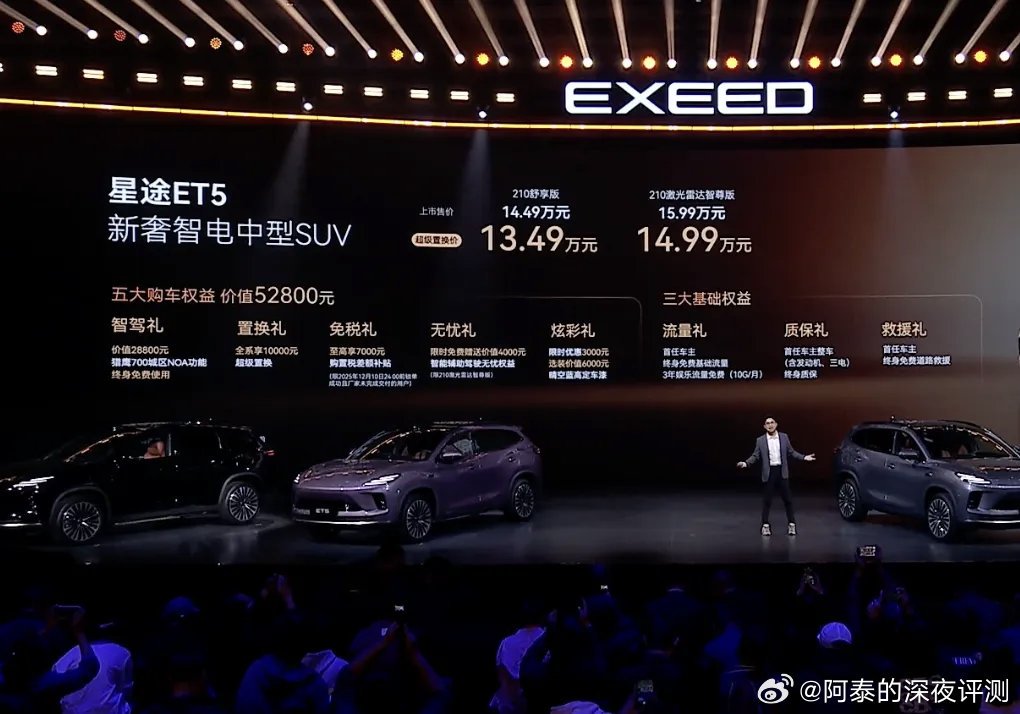 今晚看了星途ET5发布会，最终正式售价：14.49万元-15.99万元（超级置换
