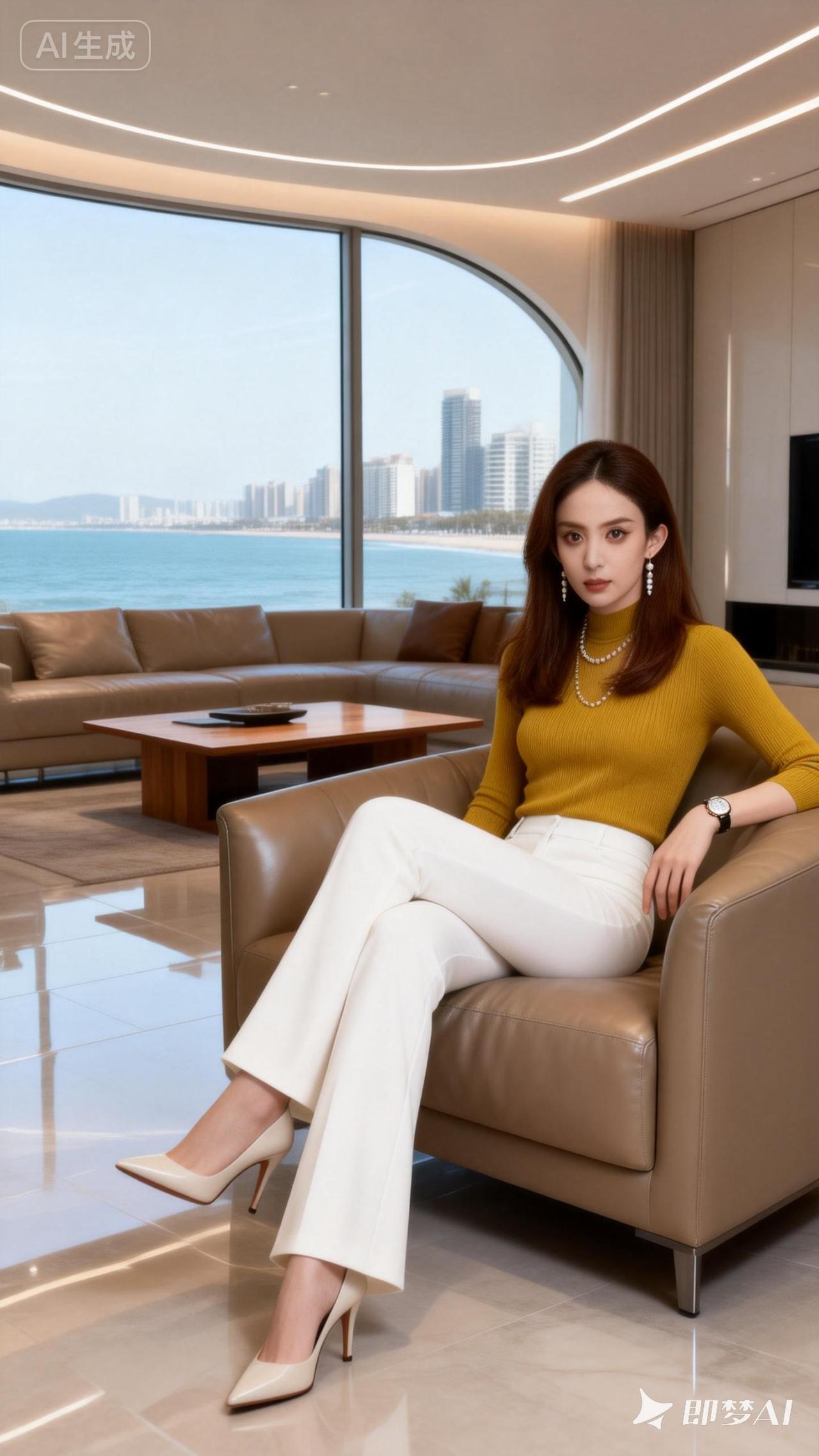 现代都市雅致生活，时尚穿搭与海景相映成趣。