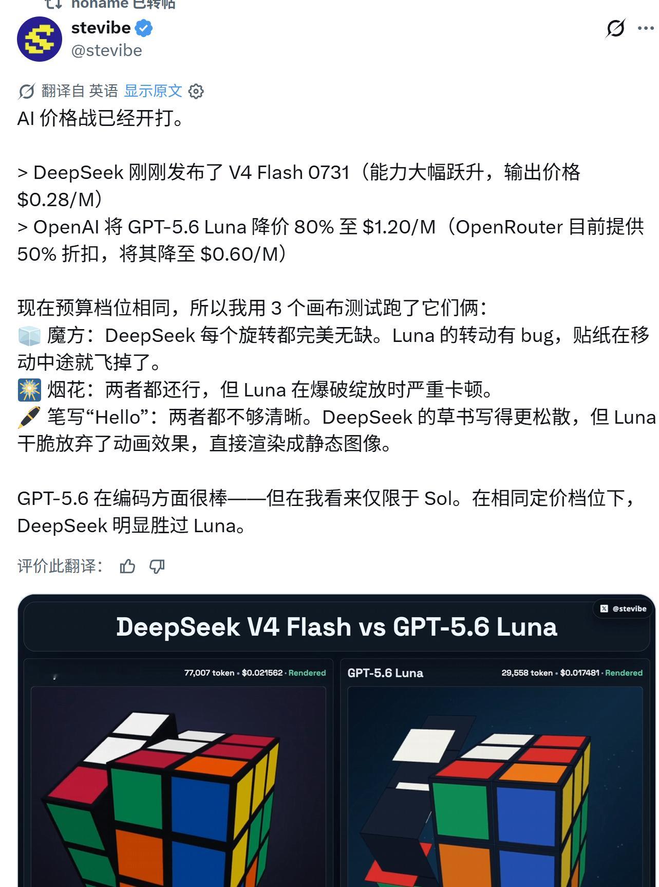 AI价格战已经开打。>DeepSeek刚刚发布了V4Flash073