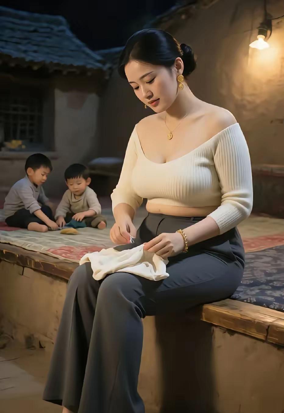 孩子的妈昏黄灯光漫过老旧院落，孩子的妈坐于炕沿，指尖针线穿梭。她垂眸的模样，像